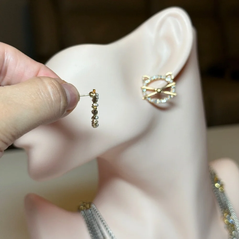 Gold Cat Face Crystal Stud Earrings - Women Jewelry